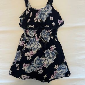 Girls blue romper with floral design. Girl short and tank romper